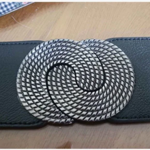 Black Symmetrical Round Buckle Wide Elastic Belt - Picture 6 of 9